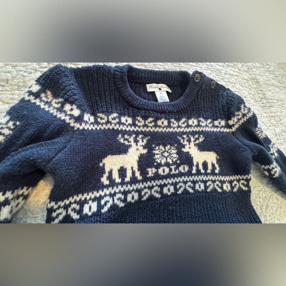Polo Ralph Lauren Baby Fair Isle Reindeer Christmas Sweater 18M Navy Wool Blend